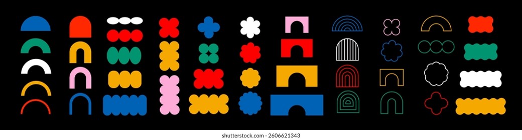 
Abstract brutal geometric shapes. Graphic art figures in the form of an arch, rainbow, flower, oval.
Bauhaus style decor elements.
Vector illustration.
