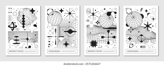 Abstract brutal posters featuring geometric shapes, distorted figures, wireframe grid and minimalist monochrome brutalist art. Vector modern, retro futuristic templates, covers or backgrounds