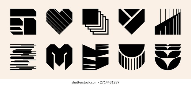 Abstract brutal shape logo element set. Minimalist brutalist vector icon with y2k geometry and halftone detail. Futuristic tech graphic supports bold postmodern brand identity and emblem design.