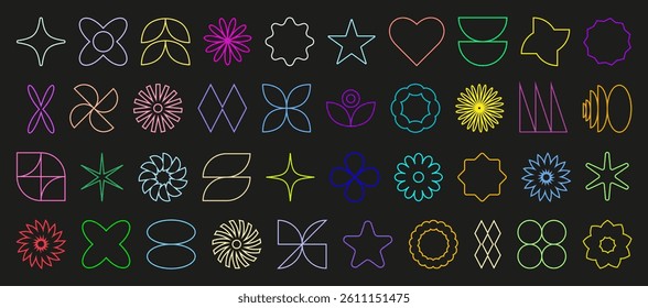 Abstract brutal shapes. Retro shapes. Basic brutal forms and figures in Y2K aesthetics, vintage stickers, logos, labels. Decorative design elements, vector illustration.