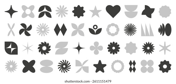 Abstract brutal shapes. Retro shapes. Basic brutal forms and figures in Y2K aesthetics, vintage stickers, logos, labels. Decorative design elements, vector illustration.