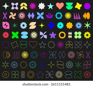 Abstract brutal shapes. Retro shapes. Basic brutal forms and figures in Y2K aesthetics, vintage stickers, logos, labels. Decorative design elements, vector illustration.