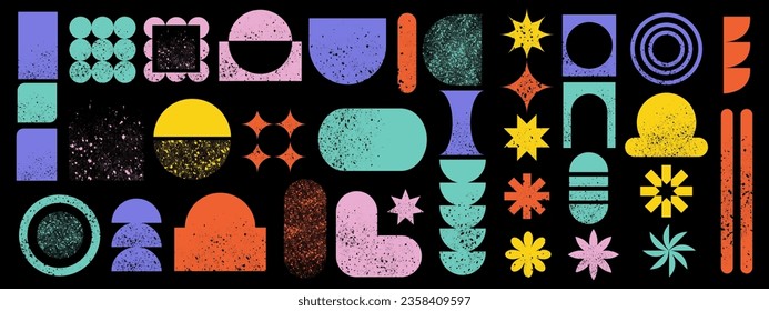 Abstract brutal shapes set, vector modern texture elements, retro minimal geometry figure kit line. Different grid basic Memphis symbol, color flowers sign, star round circles. Different brutal shapes