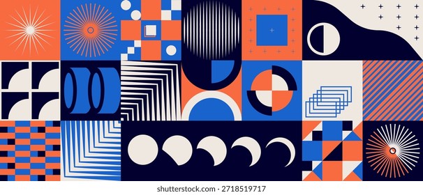 Abstrakter geometrischer Brutalismus-Hintergrund mit fetten Formen und lebendigen Farben. Schweizer Grafikdesign Nahtloses Muster, Bauhaus Stil minimalistische Elemente.