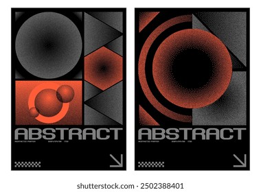 Abstract brutalism poster with geometric bitmap shapes. Blurred halftone gradient elements. Vector set