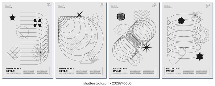Abstract brutalism poster set with black geometric shapes on monochrome background. Modern brutalist style minimal simple graphic prints. Brutal trendy y2k placard design template. Vector eps template