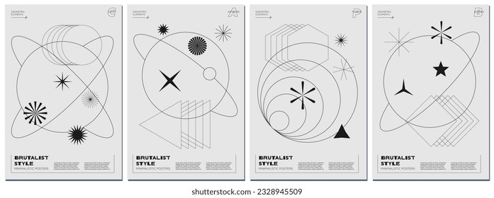 Abstract brutalism poster set with black geometric linear planets and shapes on monochrome space background. Modern brutalist style minimal simple graphic prints. Brutal trendy y2k design eps template