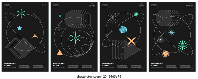 Abstract brutalism poster set with geometric linear planets and memphis shapes on black space background. Modern brutalist style minimal simple graphic prints. Brutal trendy y2k design vector design