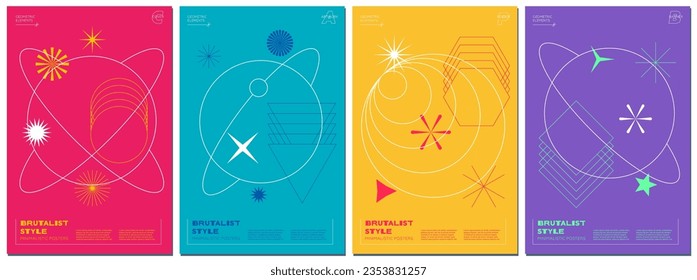 Abstract brutalism poster set with geometric linear planets and memphis shapes on colorful space background. Modern brutalist style minimal simple graphic print. Brutal trendy y2k design vector design