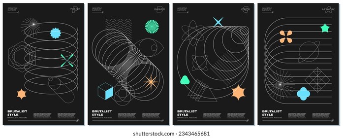 Abstract brutalism poster set with memphis geometric shapes on black background. Modern brutalist style minimal simple graphic prints. Brutal trendy y2k placard design template. Vector eps template