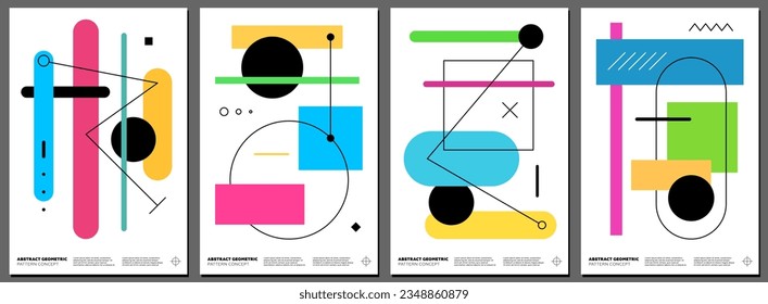Abstract brutalism poster set. Memphis geometric shapes pattern. Modern brutalist style minimal simple graphic elements print. Brutal trendy y2k placard design template. Vintage postmodern art cover