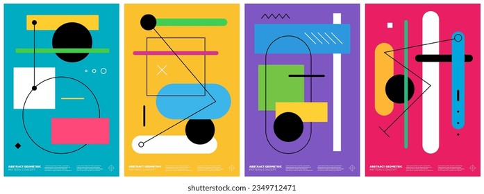 Abstract brutalism poster set with memphis geometric shapes. Modern brutalist style minimal simple graphic print. Brutal trendy y2k placard design template. Aesthetic contemporary postmodern art cover
