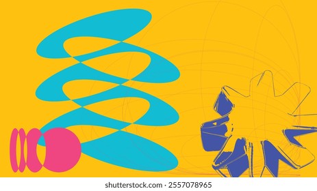 Abstract Brutalism Shape Decoration Background, Yellow Color, Flat and 3D Chrome Outline art