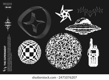 Abstract Brutalism Vector Set. Cyberpunk Geometric Design Elements, bitmap pixelated shapes, backgrounds, patterns. 00s Y2k retro futuristic aesthetic.