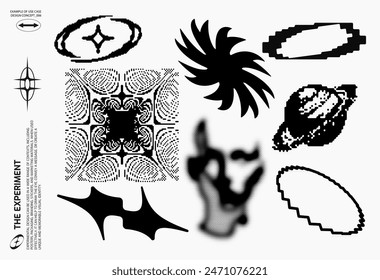 Abstract Brutalism Vector Set. Cyberpunk Geometric Design Elements, bitmap pixelated shapes, backgrounds, patterns. 00s Y2k retro futuristic aesthetic.