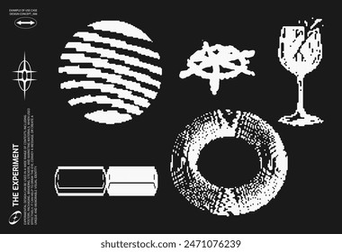 Abstract Brutalism Vector Set. Cyberpunk Geometric Design Elements, bitmap pixelated shapes, backgrounds, patterns. 00s Y2k retro futuristic aesthetic.