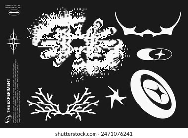 Abstract Brutalism Vector Set. Cyberpunk Geometric Design Elements, bitmap pixelated shapes, backgrounds, patterns. 00s Y2k retro futuristic aesthetic.