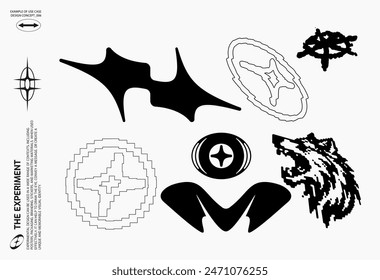 Abstract Brutalism Vector Set. Cyberpunk Geometric Design Elements, bitmap pixelated shapes, backgrounds, patterns. 00s Y2k retro futuristic aesthetic.