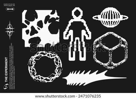 Abstract Brutalism Vector Set. Cyberpunk Geometric Design Elements, bitmap pixelated shapes, backgrounds, patterns. 00s Y2k retro futuristic aesthetic.