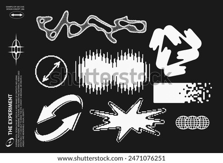 Abstract Brutalism Vector Set. Cyberpunk Geometric Design Elements, bitmap pixelated shapes, backgrounds, patterns. 00s Y2k retro futuristic aesthetic.