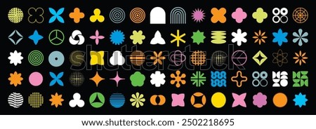 Abstract brutalist geometric form. Modern futuristic meta shape. Retro elements for web, banner, poster, sale. Brutal contemporary figure star, oval, spiral, flower, primitive elements. Swiss design.