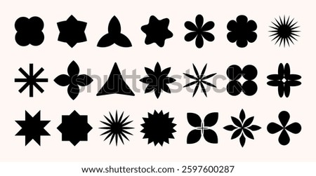 Abstract Brutalist geometric shape silhouettes set, with flowers and stars and other bold shapes.Retro Modern minimalist basic figures. Retro Aesthetics icons, symbols. Vector illustration
