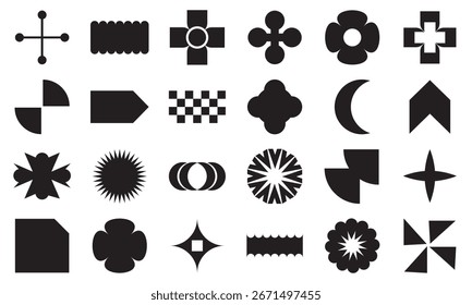 Abstract brutalist geometric shapes collection. 
Set of  including stars, circles, crosses, arrows, and patterns inspired by Bauhaus, Memphis, and etc.