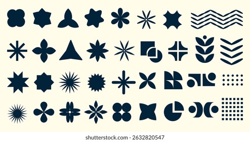 Abstract brutalist geometric shapes set with retro minimalist stars, flowers, circles, and design elements in modern graphic style.Trendy Brutalist Graphic Elements Icons Set. Vector