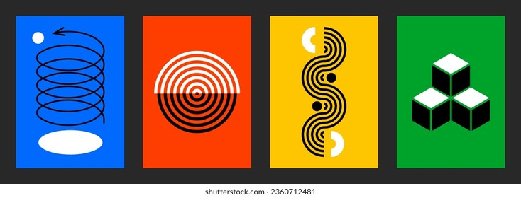 Abstract Brutalist modern poster set. Bauhaus style Design template. Trendy geometric shapes. Vector graphic for business target, goals, success, aiming, startups