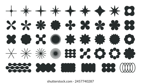 Abstract brutalist shapes. Geometric contemporary y2k figures, bauhaus graphic elements, star, circle and flower shapes flat vector Illustration set. Modern design shapes collection