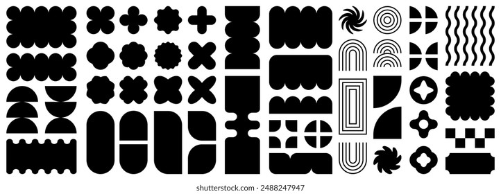 Abstract Brutalist shapes and icons. Geometric shapes and grids. Brutal contemporary figure star oval spiral flower and other primitive elements. Swiss design aesthetic. Bauhaus memphis design.