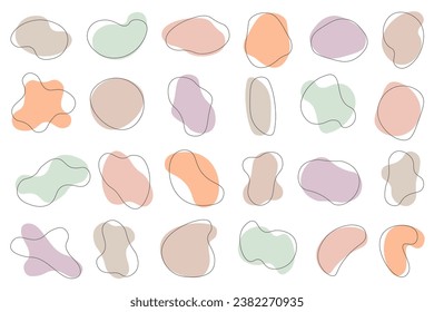 Abstract bubble shapes mega set in flat cartoon design. Bundle elements of wavy liquid templates, organic blobs or irregular round blots with line borders. Vector illustration isolated graphic objects