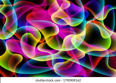 Burbujas abstractas de diferentes formas en un fondo oscuro, ilustración vectorial