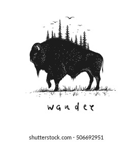 Abstract buffalo with forest on him. Vintage style.Vector illustration