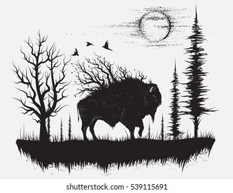 Abstract buffalo walking in the strange forest.Hand drawn vector illustration