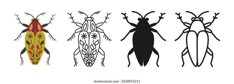 Abstract bug linear icon. Beetle symbol cartoon set. Stylized folk art insects cockroach emblem collection. Simple sign doodle or silhouette funny bug insect clipart. Vector isolated illustration