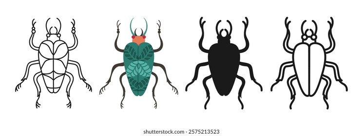 Abstract bug linear icon. Beetle symbol cartoon set. Stylized folk art insects hand drawn emblem collection. Simple sign doodle or silhouette funny bug insect clipart. Vector isolated illustration