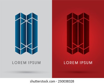 Abstract Building, architecture, designed using blue and red geometric, logo, symbol, icon, graphic, vector.