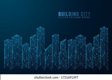 Abstract Building Digital On Blue Background. Wire Frame 3D Of City Landscape Mesh Network Line, Design Sphere, Dot And Structure. Vector Illustration Eps 10.