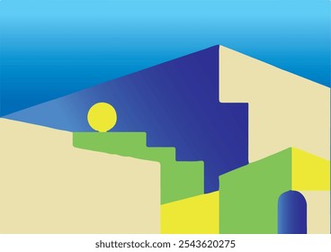 Um edifício abstrato apresenta grandes blocos de cores, criando uma interação dinâmica de formas e matizes que cativam o olho.