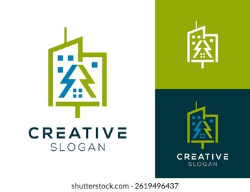 Abstract building and house with tree logo design for green open space and city