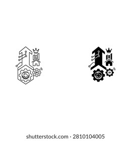 Abstract building illustration with crown and gears abstract art black and white line art