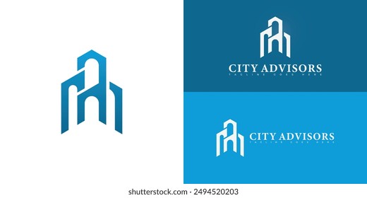 Abstract building initial letter CA or AC in blue color isolated on multiple background colors. The logo is suitable for advisory firm logo design inspiration templates.