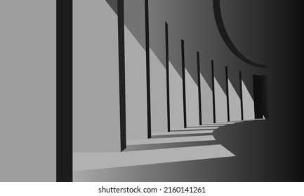 An abstract building with light streaming in between the columns vector color icon. Beams of light. Concrete. Smooth dimming. cylindrical tunnel. 3d, colored picture for: decorate, web design. EPS 10