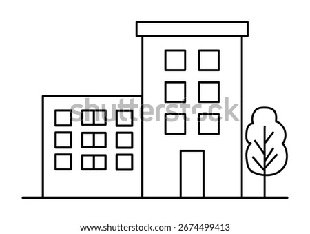 Abstract building line icon. Cityscape house silhouette with tree. Outline architecture for background illustration and graphic element.