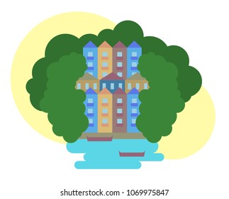 Abstract Building located behind green trees with small pond and boats on it, illustration in flat modern design