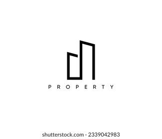 Abstract building logo design for real estate, architecture, construction, structure and planning. Vector logo on which an abstract view of a tall skyscraper in a linear style.