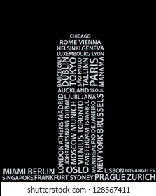 Abstract building made from names of big cities