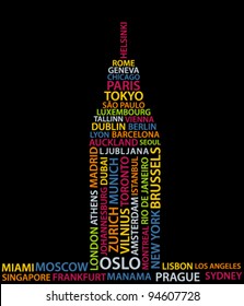 Abstract building made from names of big cities