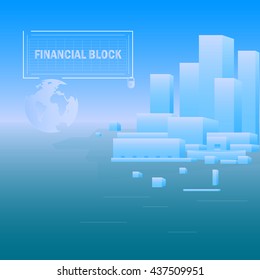 Abstract building on a blue background. The image shows the financial strength of the block. Complies with international standards.